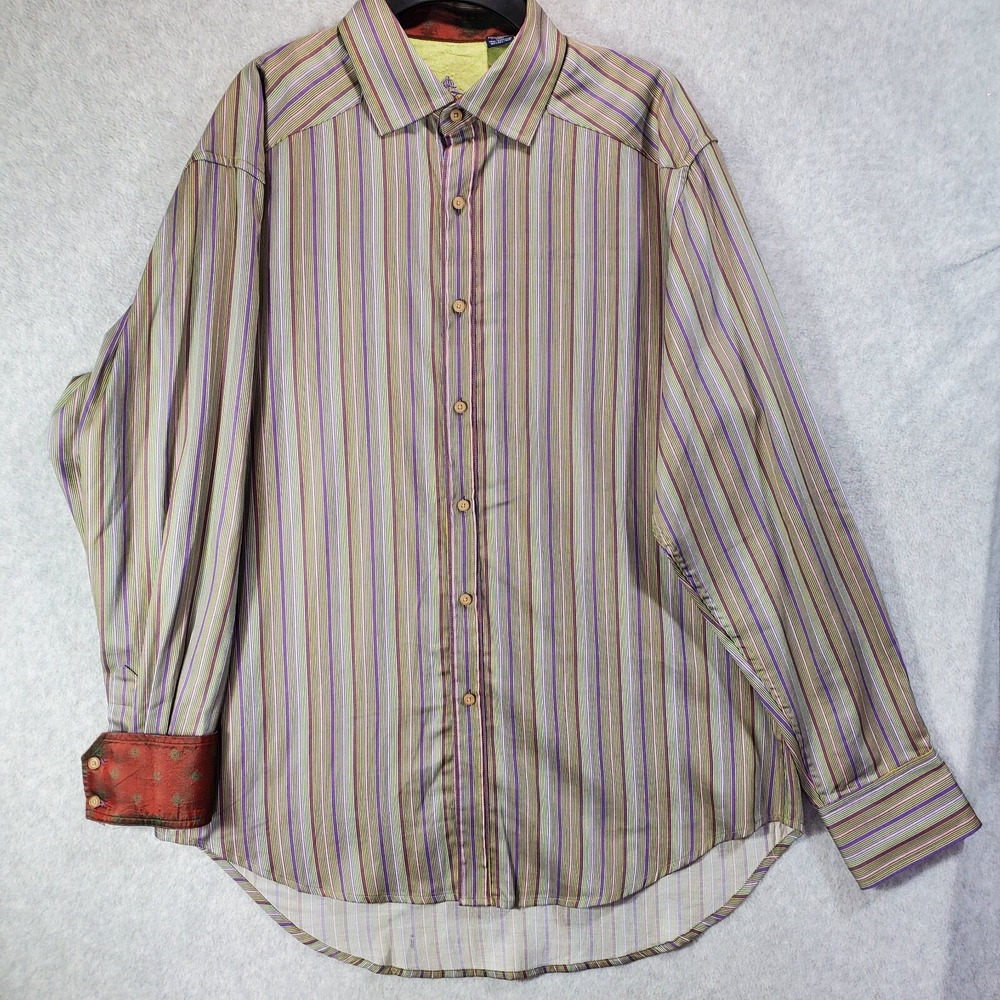 Robert Graham Button Up Shirt Mens Large Purple Striped Red Silk Trim‎ Flip Cuff